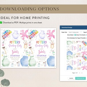 May include: Printable invitation for a pottery painting party. The invitation features a watercolor illustration of pottery, paintbrushes, and paint palettes. The text on the invitation reads "Pottery Painting Party" and "Isabel's 5th Birthday".