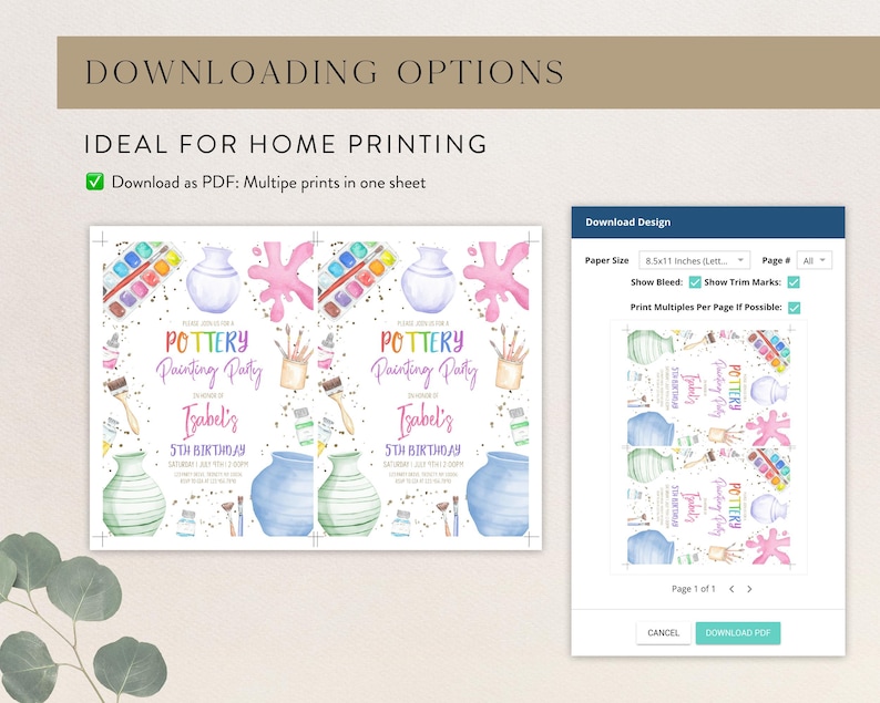 May include: Printable invitation for a pottery painting party. The invitation features a watercolor illustration of pottery, paintbrushes, and paint palettes. The text on the invitation reads "Pottery Painting Party" and "Isabel's 5th Birthday".
