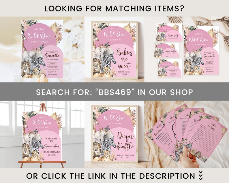 Op de afbeelding: Een set met printbare babyborstdecoraties in roze en wit. De decoraties hebben een jungledieren thema met een zebra, leeuw en giraffe. De tekst op de decoraties zegt "A Little Wild One is on the Way" en "Babies are Sweet".