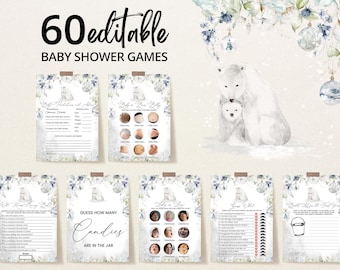 Bewerkbare winter ijsbeer babyshower spelbundel, groen winterbeer babyshower game pack pack, It's Cold Outside Shower Games, BBS346