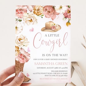Editable A Little Cowgirl Baby Shower Invitation, Wild West Baby Shower Invite, Pink Floral Cowboy Baby Shower Invite, Rodeo Baby BBS710