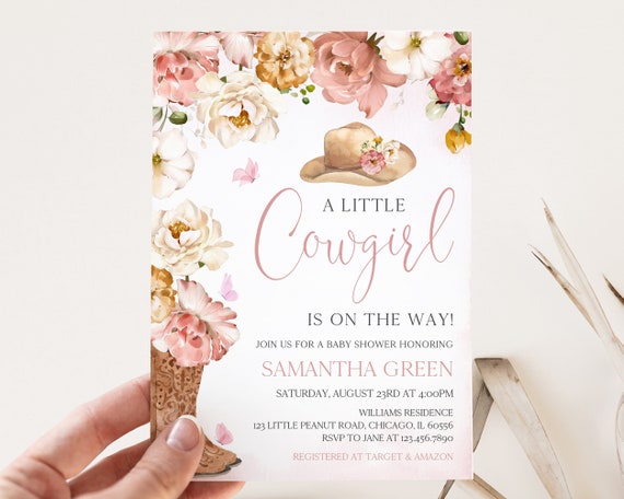 Editable A Little Cowgirl Baby Shower Invitation, Wild West Baby Shower Invite, Pink Floral Cowboy Baby Shower Invite, Rodeo Baby BBS710