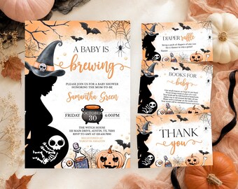 Paquete de invitaciones editables para baby shower de Halloween "Orange Baby is Brewing", invitación para baby shower de esqueleto, bruja de Halloween de género neutro, BBS798