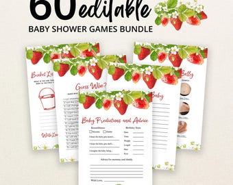 May include: A bundle of 60 editable baby shower game cards featuring watercolor strawberry illustrations. The cards include titles like Bucket List, Guess Who, and Baby Predictions and Advice, with lines for writing and checkboxes for game responses.