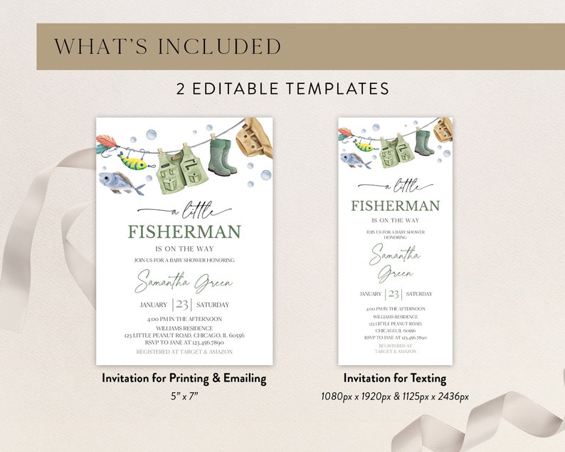 Editable A Little Fisherman Baby Shower Invitation Bundle, Boy Fishing Baby Shower Invite, Green Fishing Baby Shower Invitation, BBS687 image 6