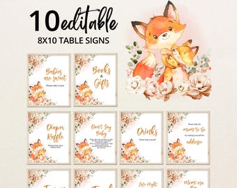 Letrero floral otoñal editable para baby shower de zorro. Los bebés del bosque son dulces recuerdos. Regalos para rifa de pañales para baby shower de zorro otoñal. BBS844
