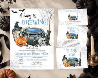 Bewerkbare uitnodigingsbundel voor een Halloween-babyshower met het thema "Een baby is op komst", blauwe Halloween-babyshoweruitnodiging voor een jongen, blauwe heksenbabyshower, BBS420