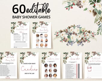 Bewerkbare kerstman baby kerst babyshower spelbundel, kerst babyshower spelpakket, neutrale bloemen winter babyshower spelletjes, BBS289