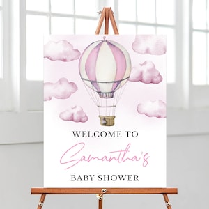 Editable Adventure Awaits Baby Shower Welcome Sign, Pink Hot Air Balloon Baby Shower Poster, Girl Adventure Awaits Baby Shower Decor, BBS318