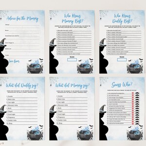 May include: A set of printable Halloween baby shower games with a blue and black color scheme. The games include "Who Knows Mommy Best?", "Who Knows Daddy Best?", "What Did Daddy Say?", "What Did Mommy Say?", and "Guess Who?"