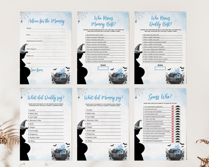 May include: A set of printable Halloween baby shower games with a blue and black color scheme. The games include "Who Knows Mommy Best?", "Who Knows Daddy Best?", "What Did Daddy Say?", "What Did Mommy Say?", and "Guess Who?"