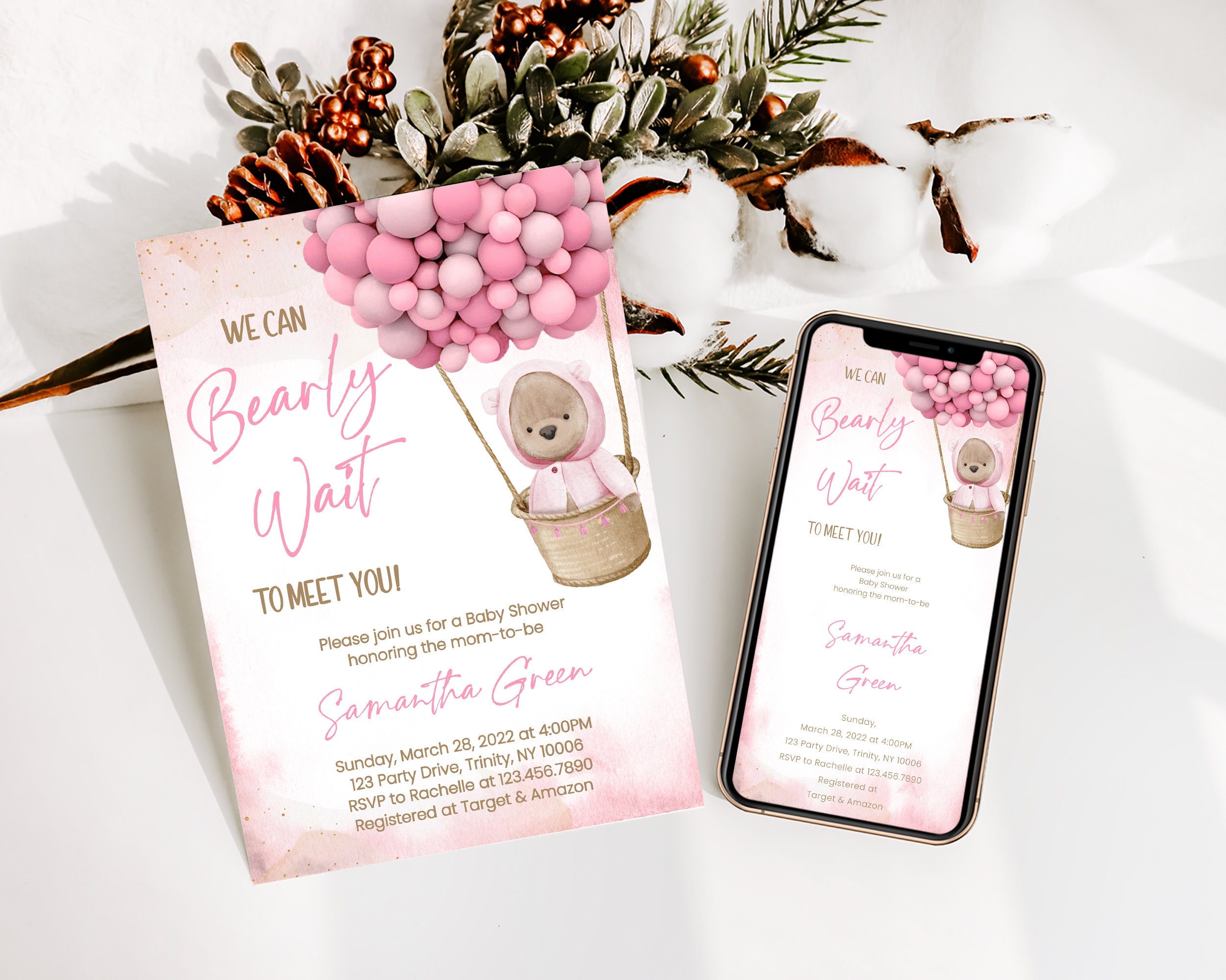 Editable Pink Bear Balloon Baby Shower Invitation, We Can Bearly Wait ...