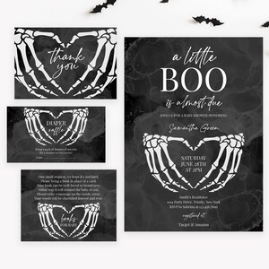 Editable A Little Boo Halloween Baby Shower Invitation Bundle, Gothic Halloween Baby Shower, Skeleton Heart Baby Shower Invitation, BBS784