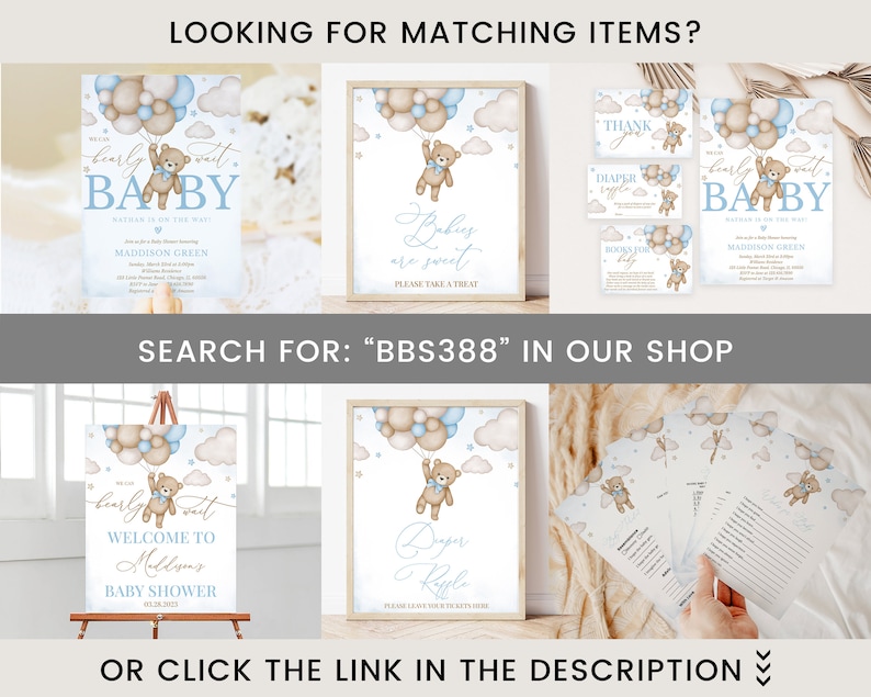 May include: A set of printable baby shower decorations featuring a teddy bear holding balloons. The decorations include a welcome sign, a diaper raffle sign, a thank you sign, and a baby shower invitation. The decorations are in blue and brown colors with a watercolor style.