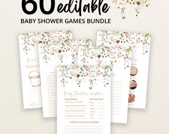 Könnte beinhalten: Ein Set aus 60 bearbeitbaren Babyparty-Spielkarten mit einem Blumendesign aus zartrosa, pfirsichfarbenen und grünen Aquarellblumen am oberen Rand. Die Karten enthalten Text für Vorhersagen, Ratschläge und verschiedene Aktivitäten mit Leerzeilen.