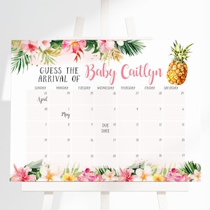 Editable Girl Pineapple Baby Shower Guess Baby&#39;s Arrival, Tropical Pineapple Baby Shower Due Date Calendar, Aloha Pineapple Shower, BBS190