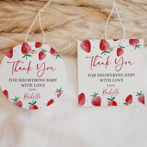 Étiquette modifiable de faveur de baby shower aux fraises, étiquette de remerciement aux fraises rouges pour baby shower, cotillons doux pour baby shower aux baies, BBS320