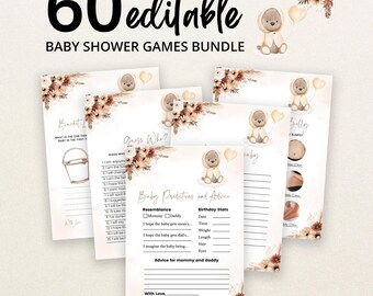 Può includere: Un set di 60 schede di gioco modificabili per baby shower con un'illustrazione ad acquerello di un orsetto, accenti floreali secchi e testo che include Baby Predictions and Advice, Guess Who e Bucket List su uno sfondo beige chiaro.