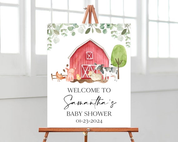 Editable Boy Farm Baby Shower Welcome Sign, Greenery Farm Baby Shower Poster, Boy Farm Barnyard Baby Shower Decor, BBS648
