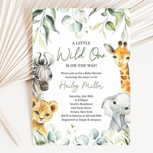 Editable A Little Wild One On the Way Baby Shower Invitation, Safari Jungle Baby Shower Invite, Greenery Safari Animals Baby Shower, BBS340 image 1