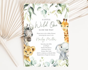 Editable A Little Wild One On the Way Baby Shower Invitation, Safari Jungle Baby Shower Invite, Greenery Safari Animals Baby Shower, BBS340