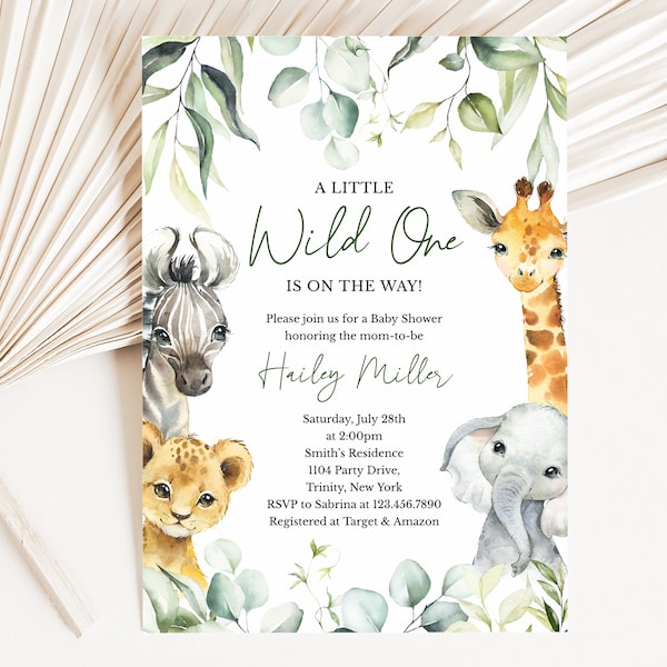 Editable A Little Wild One On the Way Baby Shower Invitation, Safari Jungle Baby Shower Invite, Greenery Safari Animals Baby Shower, BBS340