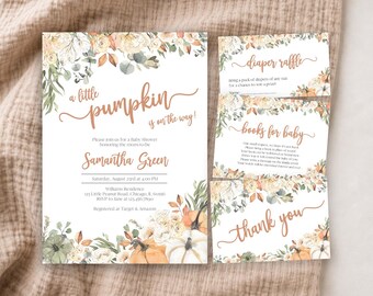 May include: A baby shower invitation set featuring a white background with watercolor floral and pumpkin illustrations in orange, green, and cream. The text reads a little pumpkin is on the way, Samantha Green, diaper raffle, books for baby, and thank you.