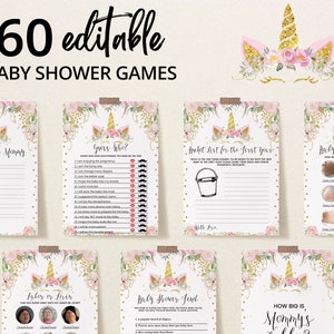Editable Unicorn Baby Shower Game Bundle, Floral Unicorn Baby Shower Games, Pink Gold Floral Unicorn Baby Shower Games, BBS132