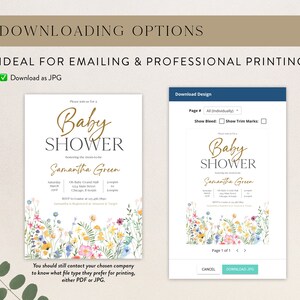 Puede incluir: Dise&ntilde;o de invitaci&oacute;n para baby shower con detalles florales. La invitaci&oacute;n presenta el texto "Baby Shower" en escritura dorada, junto con los detalles del evento y el nombre "Samantha Green". El dise&ntilde;o est&aacute; disponible para descargar como archivo JPG.