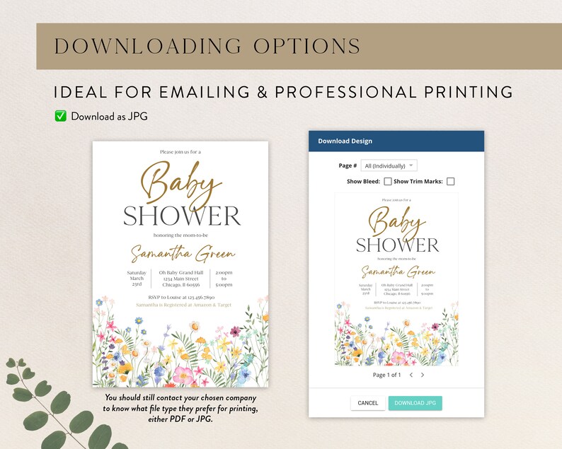 Puede incluir: Dise&ntilde;o de invitaci&oacute;n para baby shower con detalles florales. La invitaci&oacute;n presenta el texto "Baby Shower" en escritura dorada, junto con los detalles del evento y el nombre "Samantha Green". El dise&ntilde;o est&aacute; disponible para descargar como archivo JPG.