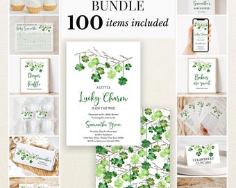 May include: A baby shower bundle featuring 100 items with a green clover theme. The collection includes invitations, signs, tags, and labels, all decorated with watercolor shamrock illustrations and the text A Little Lucky Charm Is On The Way.