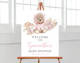 Editable We Can Bearly Wait Baby Shower Welcome Sign, Pink Bear Baby Shower Invite, Boho Bear Baby Shower Welcome Poster, Pampas Bear BBS383