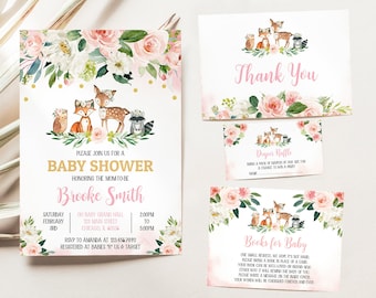 Paquete de invitaciones editables para baby shower con diseño de bosque y flores para niñas, invitación para baby shower con diseño de bosque para niñas, baby shower con diseño de bosque y flores rosas, BBS145