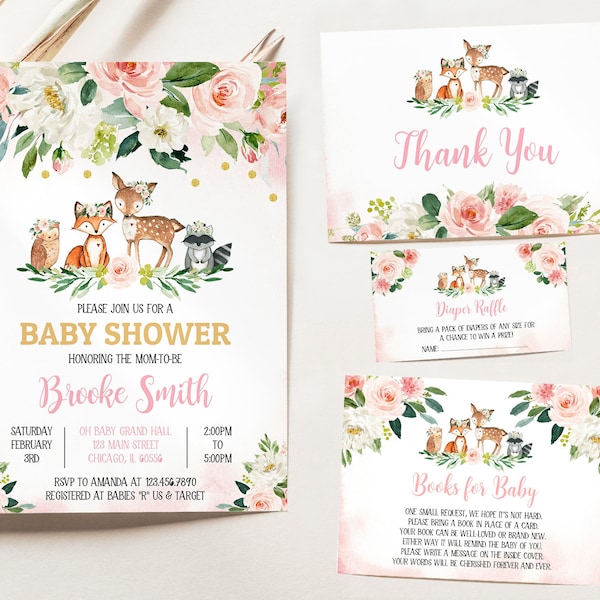 Editable Girl Floral Woodland Baby Shower Invitation Bundle, Girl Woodland Baby Shower Invite, Pink Floral Woodland Baby Shower, BBS145