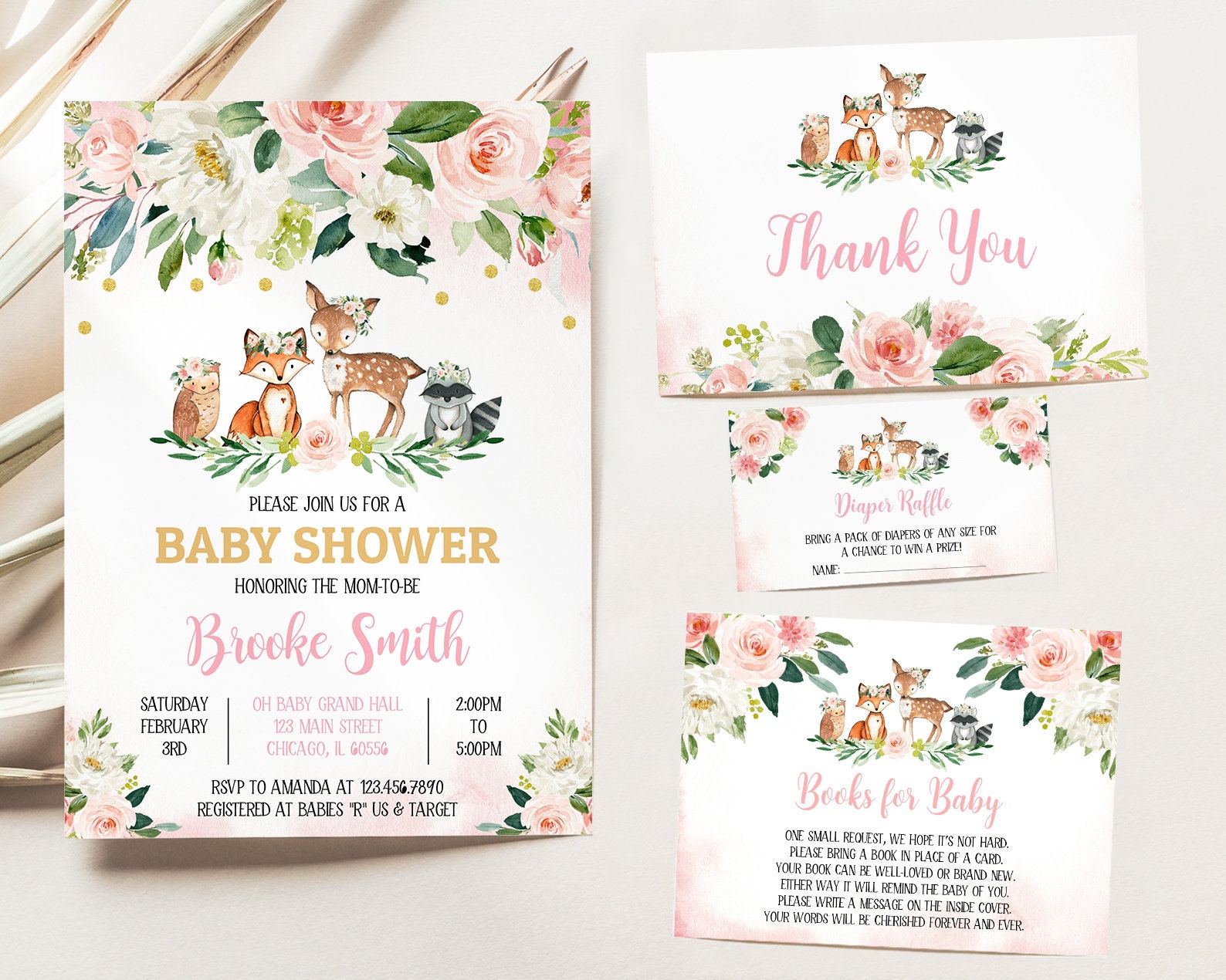 Editable Girl Floral Woodland Baby Shower Invitation Bundle, Girl Woodland  Baby Shower Invite, Pink Floral Woodland Baby Shower, BBS145 - Etsy