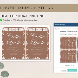 May include: A digital invitation template titled Cielito Lindo in brown with white text and decorative borders. The interface shows downloading options for home printing, including a PDF format with multiple prints per 8.5x11 inch sheet.