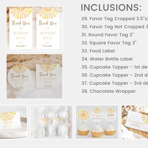 Puede incluir: Un conjunto de recuerdos para baby shower, que incluyen etiquetas, pegatinas y adornos para cupcakes. Los dise&ntilde;os presentan un gr&aacute;fico de rayos de sol en amarillo y melocot&oacute;n. El texto incluye "Gracias" y "Baby Shower".