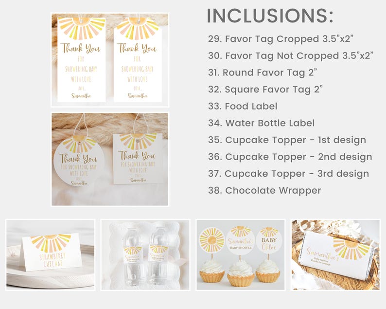 Puede incluir: Un conjunto de recuerdos para baby shower, que incluyen etiquetas, pegatinas y adornos para cupcakes. Los dise&ntilde;os presentan un gr&aacute;fico de rayos de sol en amarillo y melocot&oacute;n. El texto incluye "Gracias" y "Baby Shower".