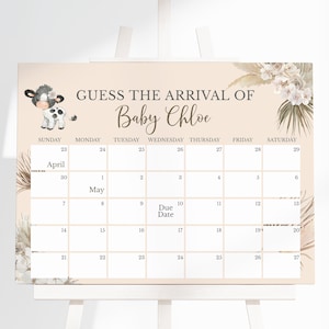 Bearbeitbare Heilige Kuh Baby-Dusche Guess Baby's Ankunft, geschlechtsneutrale Kuh-Baby-Dusche-Fälligkeitskalender, Boho-Kuh-Pampas-Gras-Dusche, BBS374