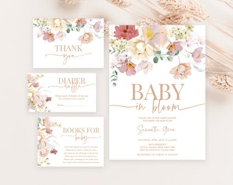 Editable Baby in Bloom Baby Shower Invitation Bundle, Spring Flowers Baby Shower Invite Pack, Wildflower Baby Shower Invitation, BBS369