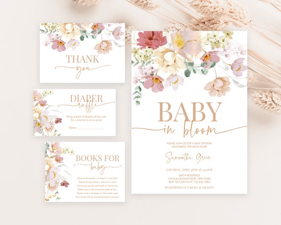 Editable Baby in Bloom Baby Shower Invitation Bundle, Spring Flowers Baby Shower Invite Pack, Wildflower Baby Shower Invitation, BBS369