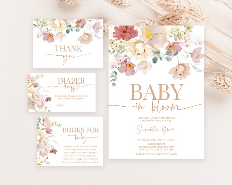 Editable Baby in Bloom Baby Shower Invitation Bundle, Spring Flowers Baby Shower Invite Pack, Wildflower Baby Shower Invitation, BBS369 image 1