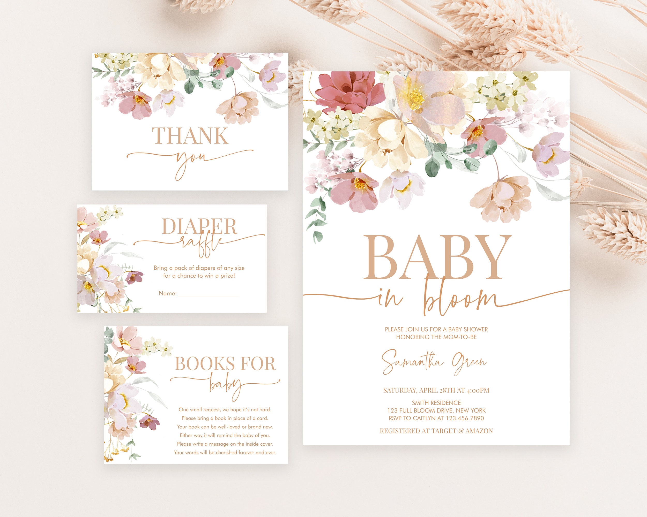Spring Invitations Bloom Editable Baby in Bloom Baby Shower Invitation Bundle, Spring Flowers ...