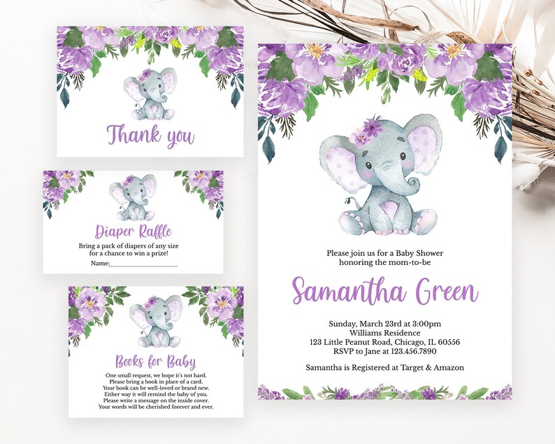 Editable Girl Elephant Baby Shower Invitation Bundle Floral Elephant Baby Shower Invite Purple Elephant Baby Shower Little