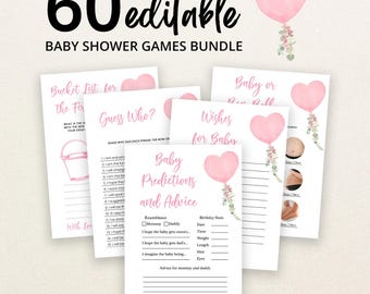 Może przedstawiać: Zestaw 60 edytowalnych kart do gier na baby shower z ilustracjami różowych balonów w kształcie serca i kwiatowymi akcentami. Karty zawierają tytuły takie jak Bucket List for the First, Guess Who, Wishes for Baby oraz Baby Predictions and Advice.