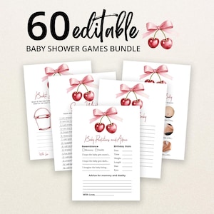 May include: A bundle of 60 editable baby shower game cards featuring watercolour cherry illustrations with pink bows. The cards include text such as Baby Predictions and Advice, Bucket List, and Guess Who, with blank lines for writing responses.