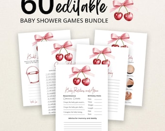 Editable She's the Cherry on Top Baby Shower Game Bundle, Minimalist Cherry Game Pack, Coquette Cherry Pink Bow Shower Games, BBS1019