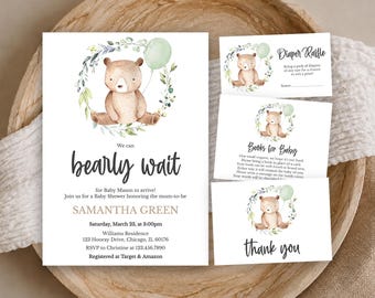 May include: A baby shower invitation set featuring a watercolor brown bear inside a green leaf wreath with a light green balloon. The text reads We can bearly wait for Baby Mason, Samantha Green, Saturday, March 23, at 3:00pm, and registry details.