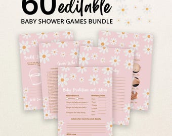 May include: A bundle of 60 editable baby shower game cards featuring a pink background with a white daisy pattern. The cards include titles such as Bucket List, Guess Who, and Baby Predictions and Advice, with lines for writing responses.