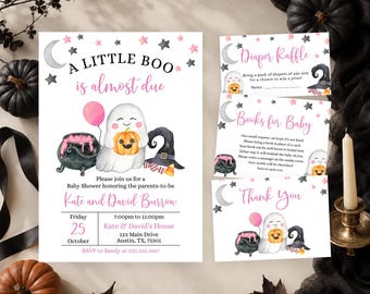Editable Pink A Little Boo Baby Shower Invitation Bundle, Girl Halloween Baby Shower Invite, Ghost Halloween Baby Shower Invite, BBS338